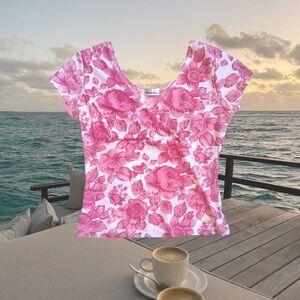 Vintage Y2K 90s Summer Pink Floral Rose Short Sleeve Knit Mesh Top Baby T